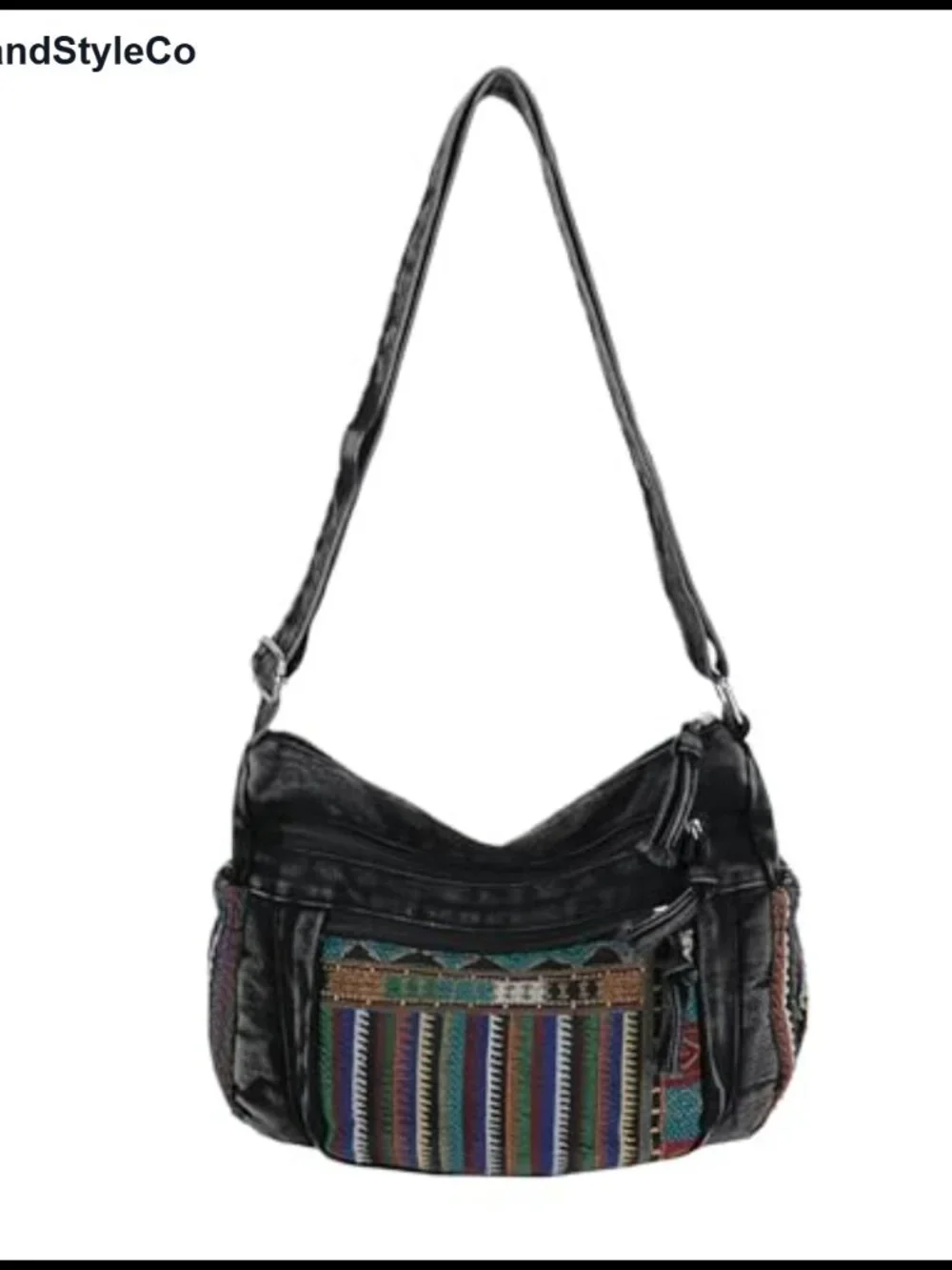 Boho Denim Crossbody Bag with Pockets, Adjustable Strap, Vintage Hippie Purse
